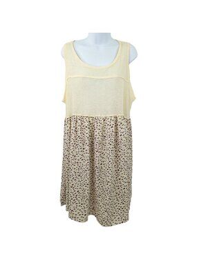 Umgee Boho Dress L Cream Sleeveless Leopard Print Animal Mixed Media Linen Blend